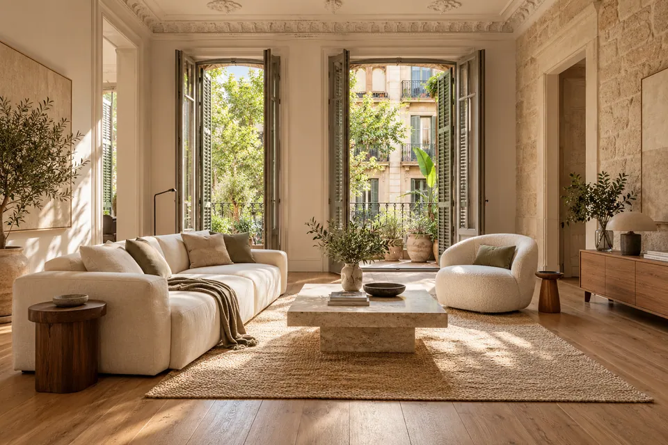 Salón luminoso de una vivienda en Barcelona; imagen generada